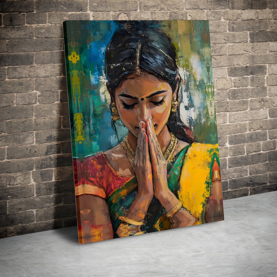 Praying Indian Woman Canvas Art | Colorful Abstract Portrait Painting | Premium Gallery Wrapped Canvas | Spiritual Home & Yoga Studio Decor Gift
