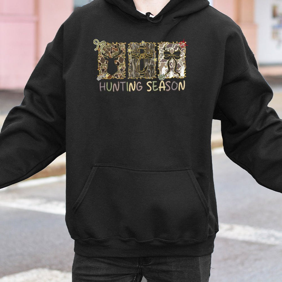 Hunting Season Hoodie | Camo Deer Antler Graphic | Premium Cotton Blend | Gift for Country Women and Outdoor Lovers