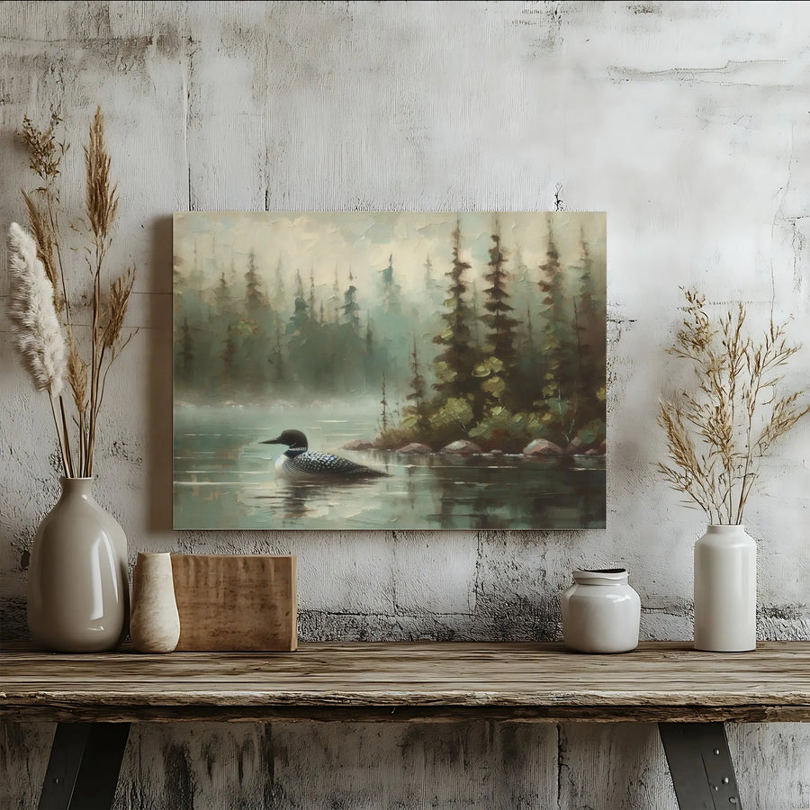 Loon on Misty Lake Canvas Print | Impressionist Forest Landscape Wall Art | Premium 1.25” Gallery Wrap | Nature Lover Home Decor Gift