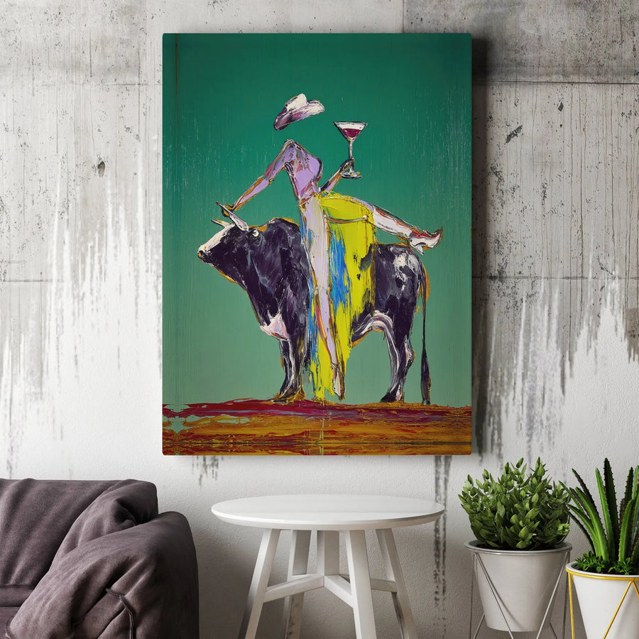 Surreal Cowgirl Canvas Wall Art | Woman Riding Bull with Cocktail | Premium 1.25" Thick Gallery Canvas | Modern Western Decor Gift for Her
