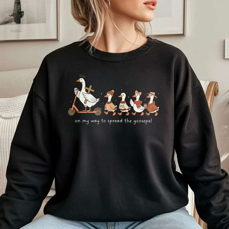 Spread The Goosepel Sweatshirt | Funny Christian Duck Graphic | Premium Cotton Blend Crewneck | Religious Gift for Faith-Based Humor Lovers
