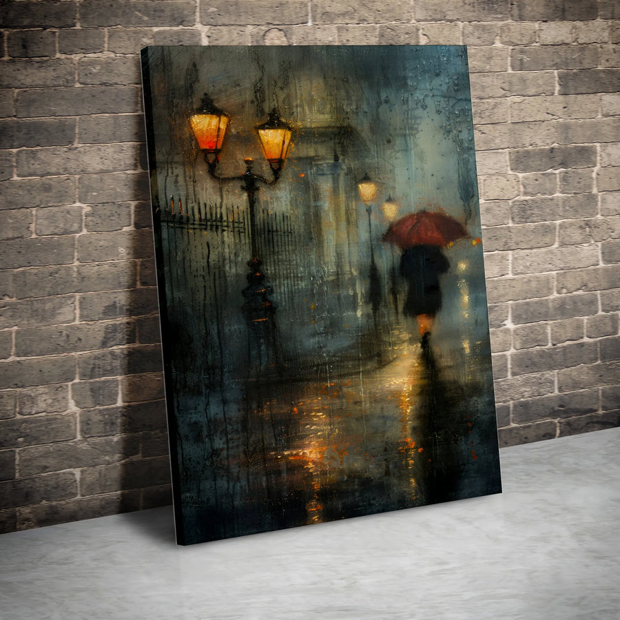 Rainy Night Painting Vertical Canvas | Abstract Woman with Red Umbrella Art | Premium Gallery Wrap Canvas | Moody Living Room Wall Decor Gift