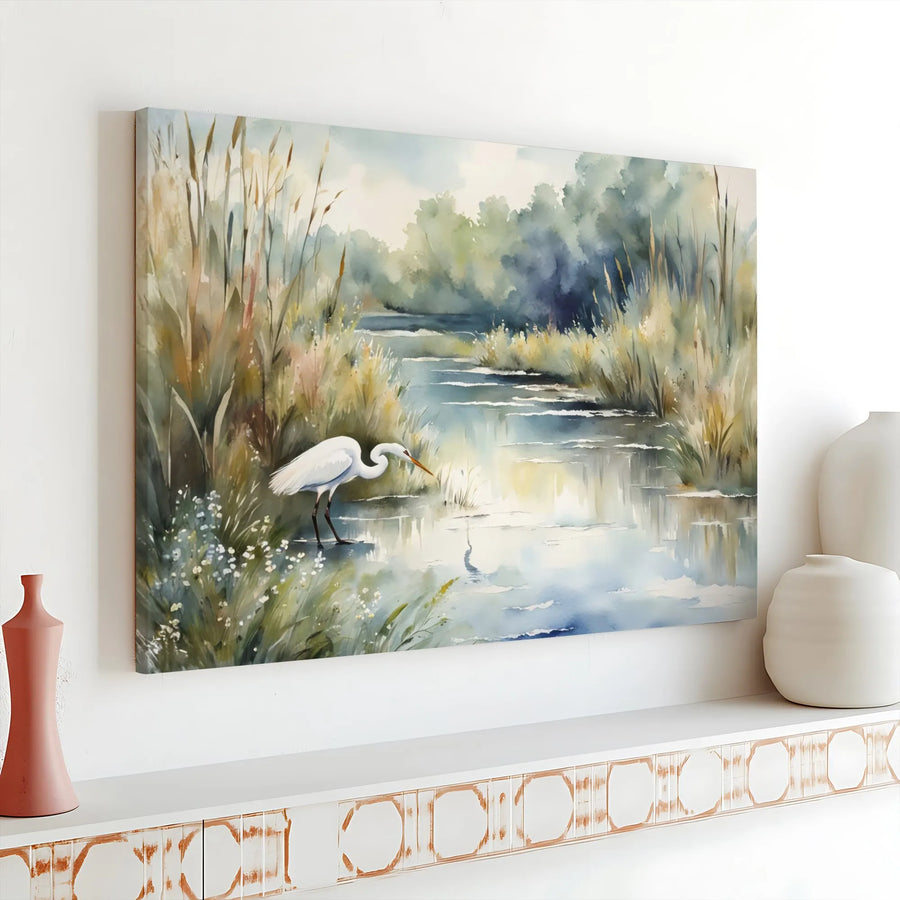 Great Egret Canvas Art | Watercolor Marshland River Landscape | Premium Gallery Wrap Print | Nature Wall Decor For Living Room Office