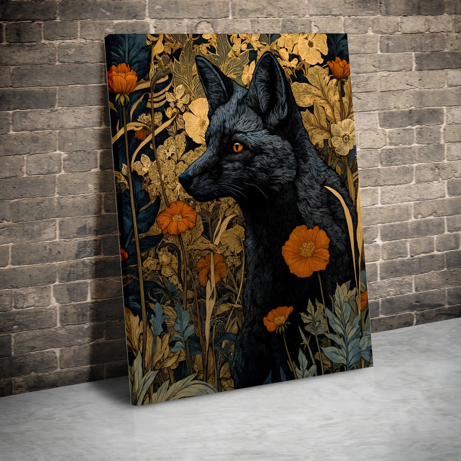 Black Fox Canvas Wall Art | Botanical Floral Forest Aesthetic | Premium 1.25 Inch Gallery Wrap | Wildlife Nature Home Decor Gift