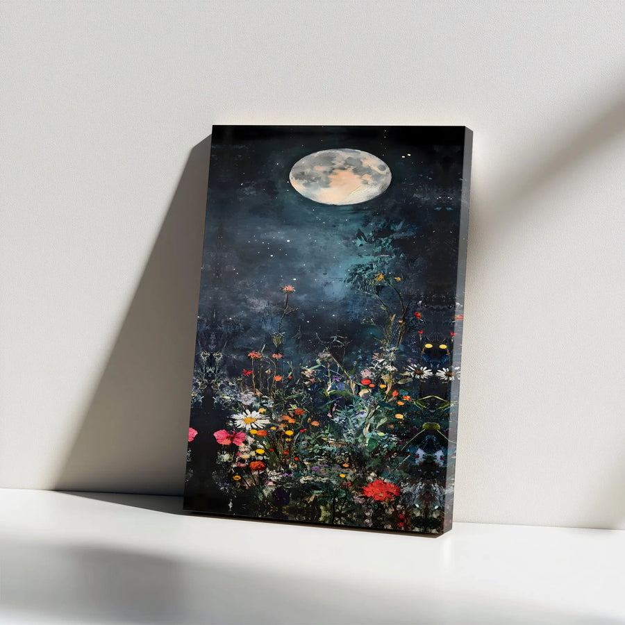 Wildflower Moon Canvas Wall Art | Dark Botanical Night Sky Print | Premium Gallery Wrapped Decor | Moody Floral Nature Gift For Her