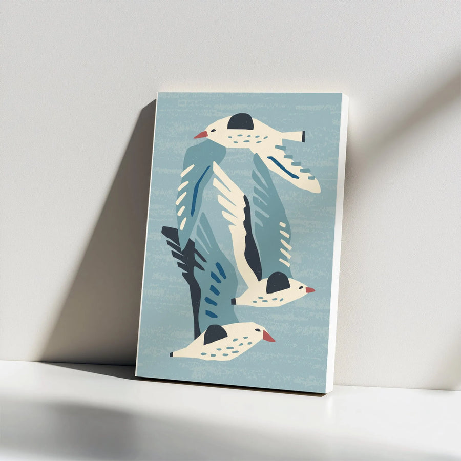Flying Seagulls Vertical Canvas | Minimalist Scandinavian Folk Art Birds | Premium Gallery Wrap Wall Art | Modern Coastal Home Decor Gift