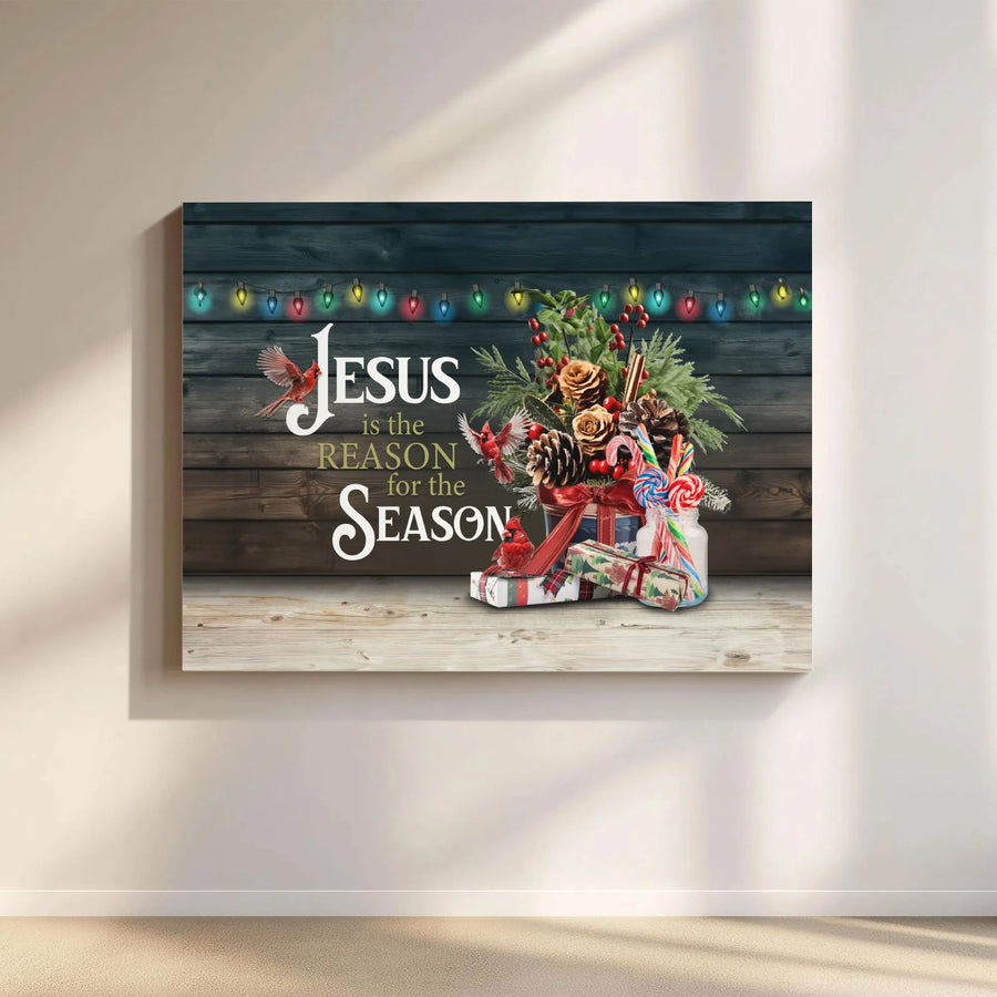 Christian Christmas Canvas | Jesus Is The Reason For The Season Wall Art with Cardinals | Premium High-Resolution Print | Religious Holiday Home Decor Gift