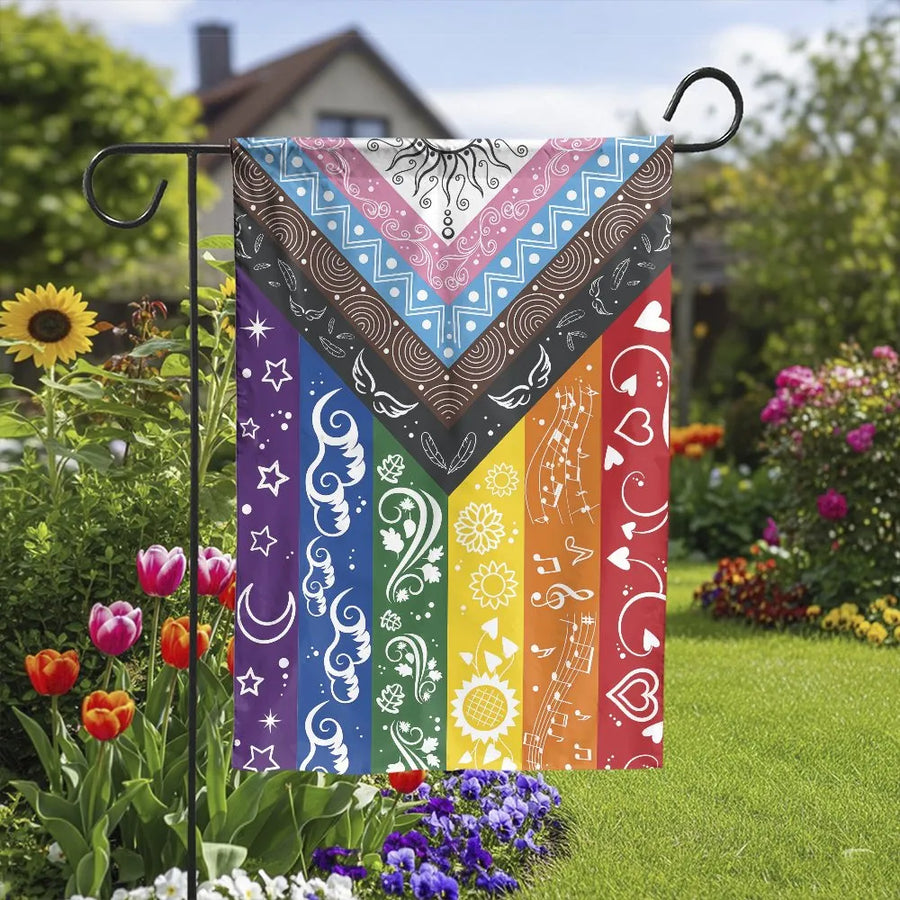 LGBTQ Pride Progress Garden Flag | Vibrant Boho Rainbow Patterned Design | Double-Sided Premium Weather Resistant Polyester | Outdoor Yard Decor Gift for Pride Month