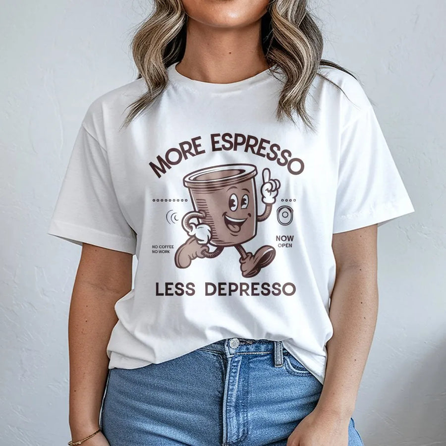 More Espresso Less Depresso T-Shirt | Retro Cartoon Coffee Graphic | Premium Soft Cotton | Funny Caffeine Lover Gift for Coffee Addicts