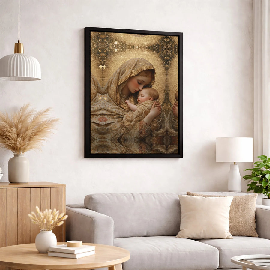 Virgin Mary and Child Jesus Canvas Art | Golden Halo Religious Wall Decor | Premium Fade-Resistant Print | Spiritual Home Gift