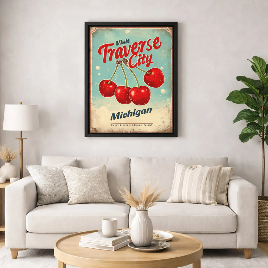 Traverse City Michigan Cherry Poster | Vintage Travel Wall Art | Premium Gallery-Wrapped Canvas | Gift for Michigan Lovers and Foodies