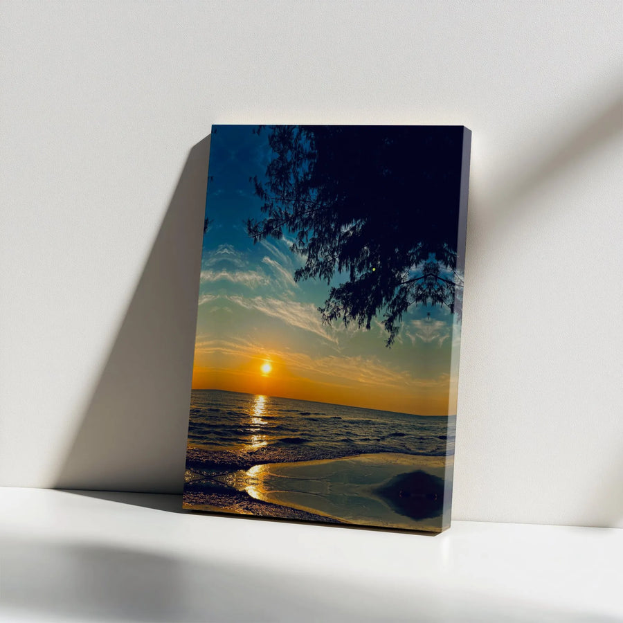 Ocean Sunset Wall Art | Tropical Beach Tree Silhouette Canvas | Premium 1.25" Gallery Wrap | Coastal Decor for Living Room or Office