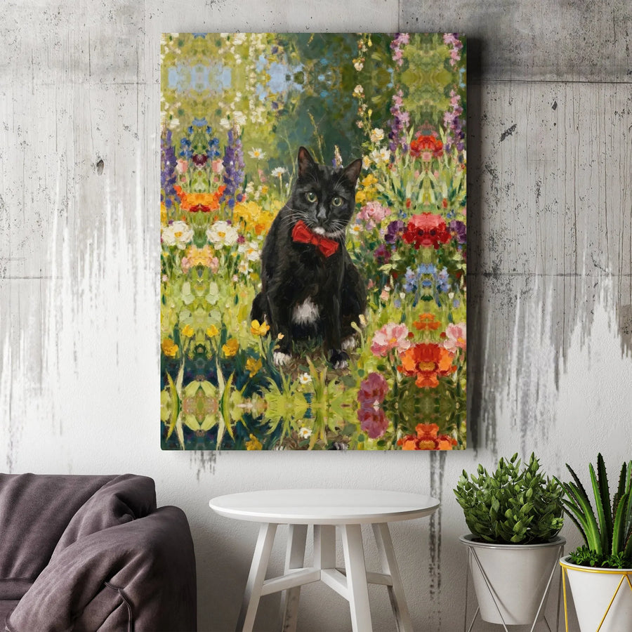 Black Cat Canvas Wall Art | Impressionist Painting of Cat in Wildflower Garden | Premium Thick Gallery Wrap Canvas | Gift for Cat Lover, Whimsical Home Decor