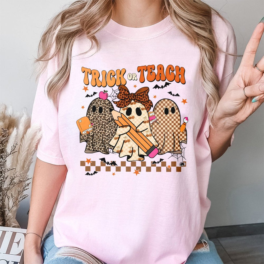Trick Or Teach T-Shirt | Retro Leopard Ghost Teacher Halloween Graphic | 100% Cotton Premium Tee | Cute Spooky Gift for Teachers