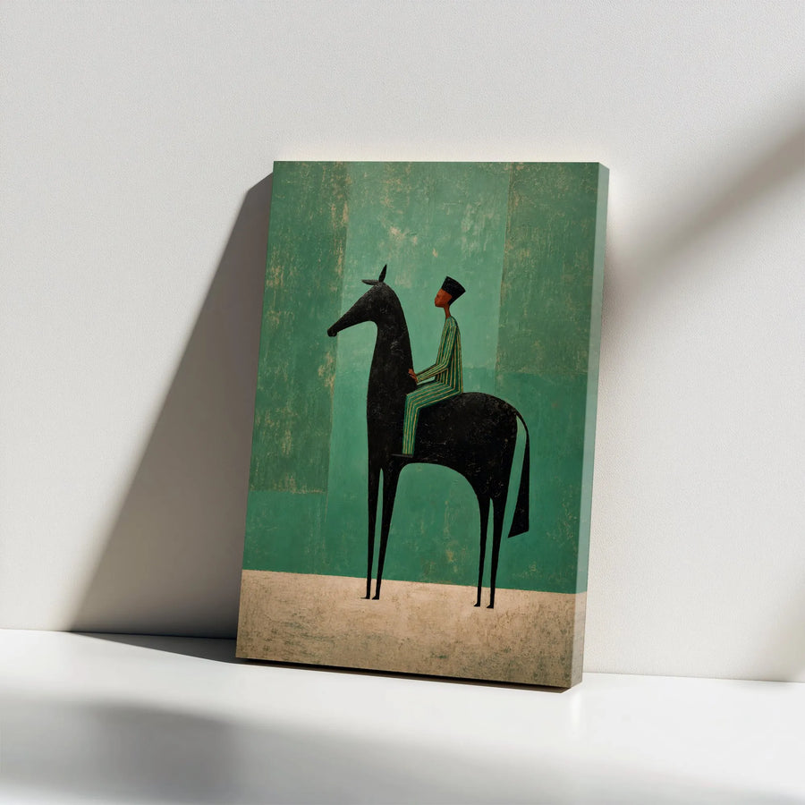 African Art Equestrian Vertical Canvas | Stylized Black Horse & Rider | Premium Gallery Wrapped Print | Modern Minimalist Wall Decor Gift