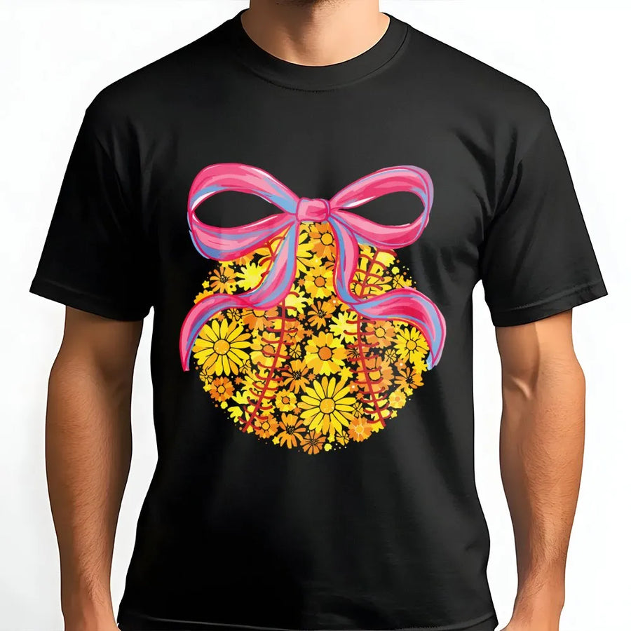 Floral Softball Coquette T-Shirt | Retro Daisy Bow Graphic Tee | Premium Cotton Softball Mom Gift | Aesthetic Sports Apparel for Her
