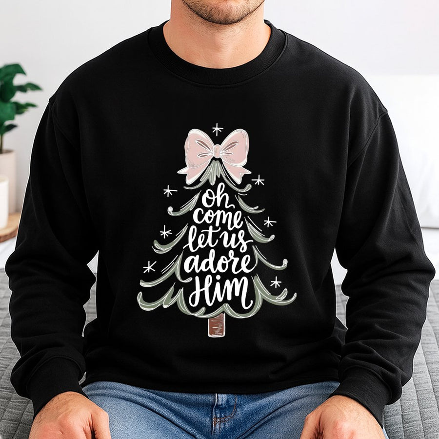 Oh Come Let Us Adore Him Sweatshirt | Aesthetic Christmas Tree Graphic | Cotton Blend Premium Crewneck | Christian Holiday Gift for Her