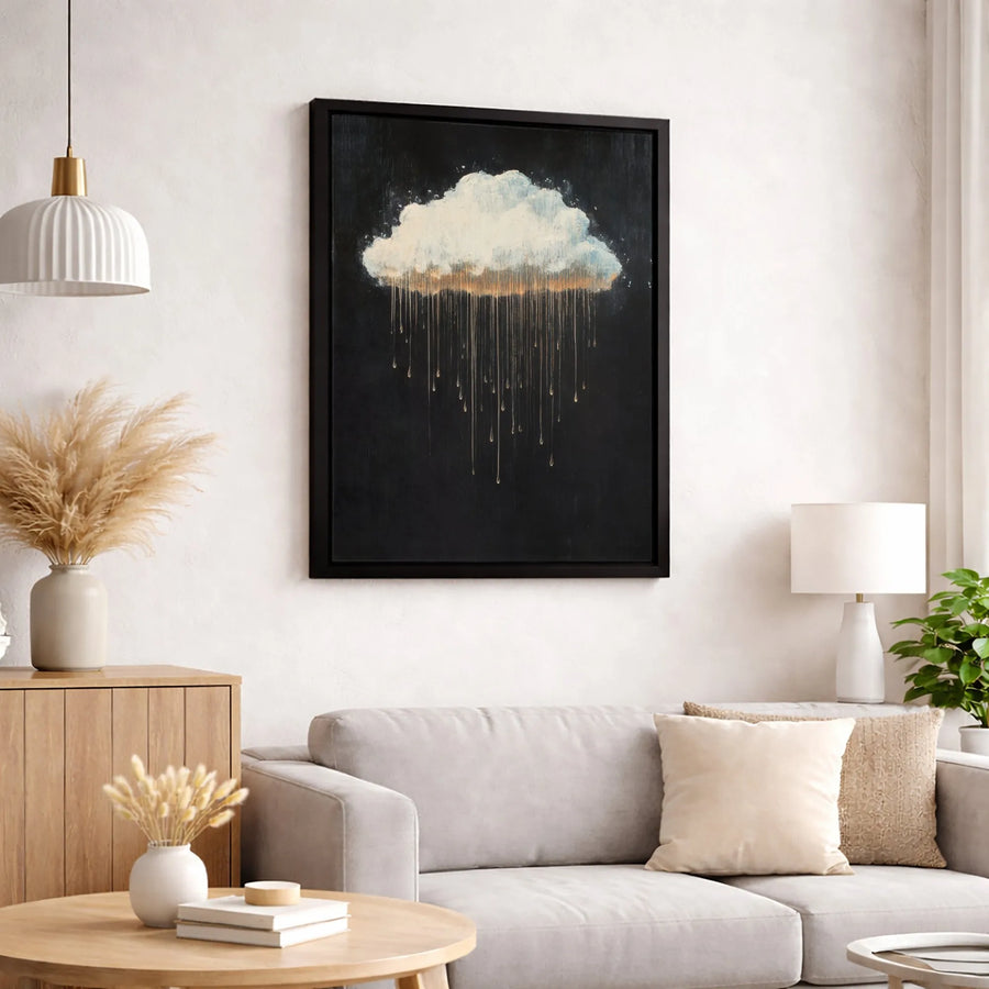 Abstract Cloud Canvas Wall Art | Dripping Gold Rain Design | Premium 1.25-Inch Gallery Wrap | Modern Home Decor Gift