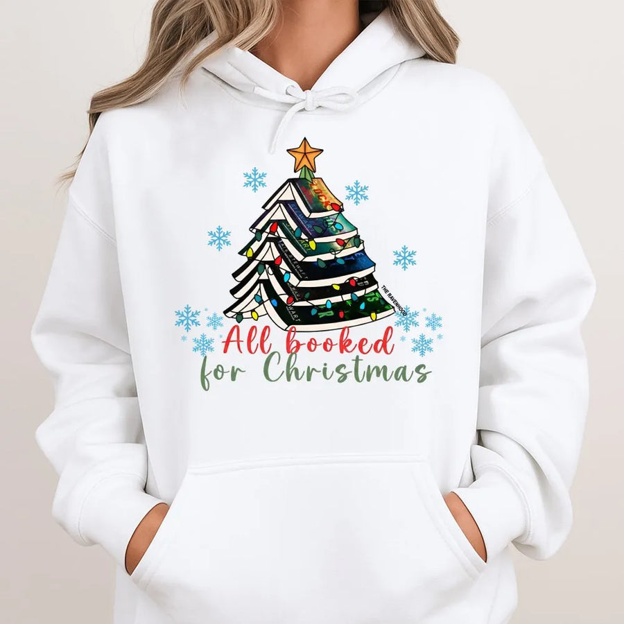 All Booked For Christmas Hoodie | Book Lover Tree Graphic | Premium Cotton Blend Sweatshirt | Cozy Gift for Librarians Readers & Teachers