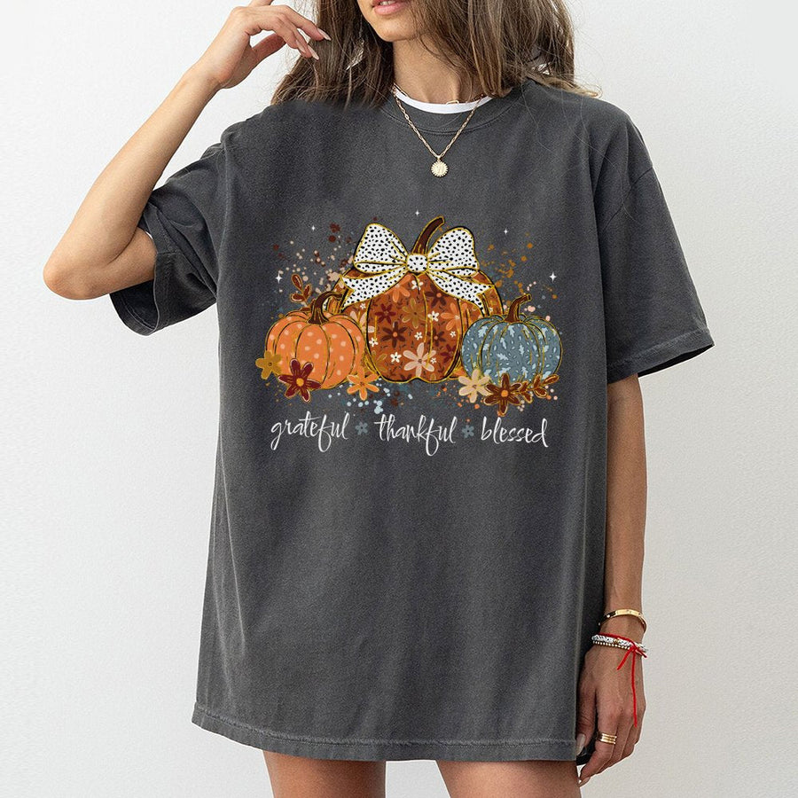 Grateful Thankful Blessed Pumpkin T-Shirt | Fall Aesthetic Watercolor Graphic | Premium Soft Cotton | Thanksgiving Gift for Women & Fall Lovers