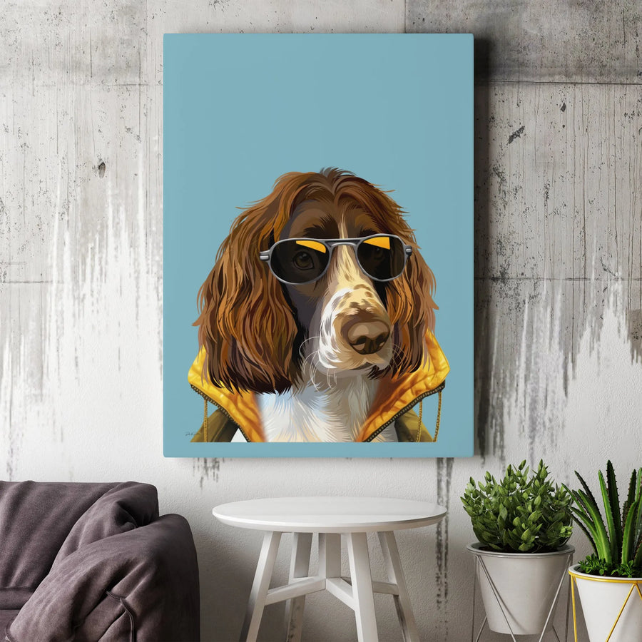 English Springer Spaniel Wall Art | Cool Dog In Yellow Raincoat With Sunglasses | Premium 1.25 Inch Gallery Wrap Canvas | Unique Dog Lover Gift Home Decor