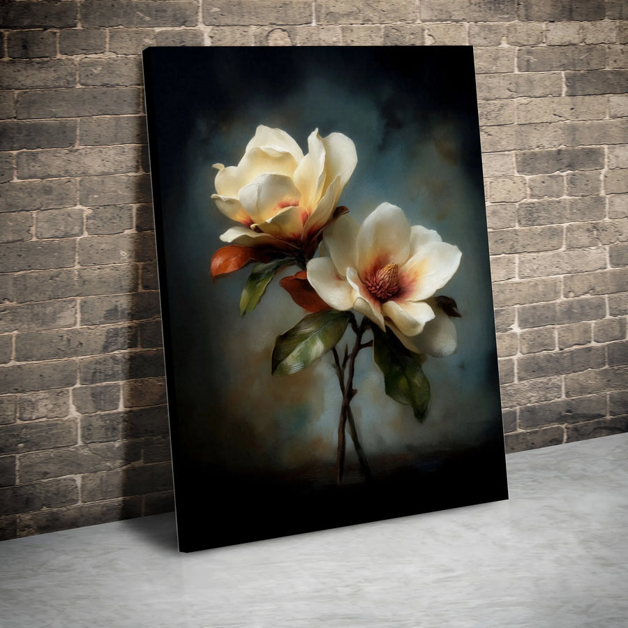 Magnolia Flower Canvas Wall Art | Moody Vintage Floral Painting | Premium Gallery Wrapped Canvas | Farmhouse Living Room Decor Gift