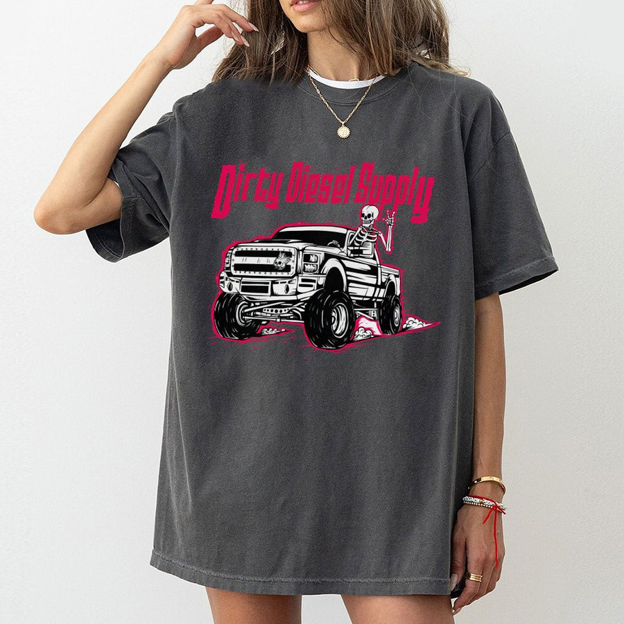 Dirty Diesel Supply Graphic T-Shirt | Skeleton Driving Lifted Truck Print | Premium 100% Cotton | Gift for Diesel Truck Lovers & Gearheads