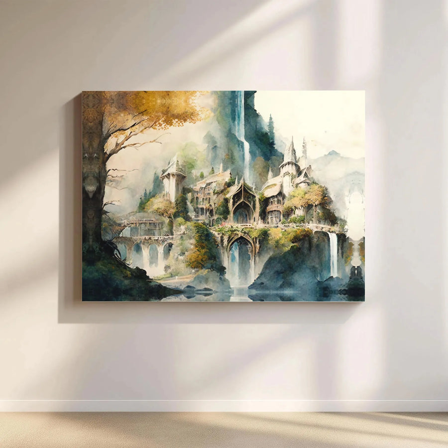 Fantasy Elven City Canvas | Watercolor Waterfall Castle Wall Art | Premium Gallery Wrapped Print | Enchanted Forest Home Decor Gift
