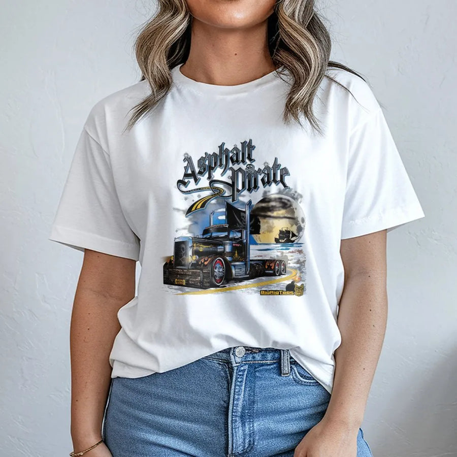 Asphalt Pirate Trucker T-Shirt | Retro Big Rig Graphic Crewneck | Plush Cotton Blend | Unique Gift for Truck Drivers & Semi Fans