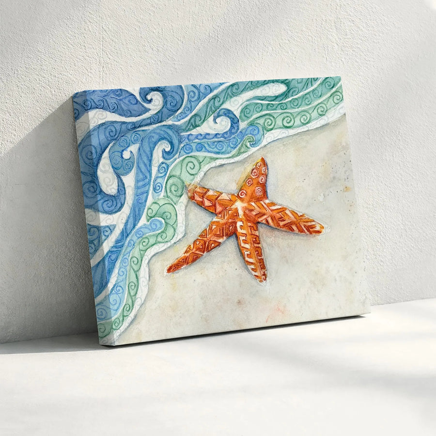 Starfish Canvas Wall Art | Watercolor Ocean Beach Scene | Premium Gallery Wrapped Print | Coastal Living Room Decor Gift