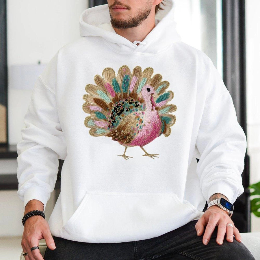 Thanksgiving Turkey Hoodie | Faux Yarn Colorful Feather Art | Premium Cotton Blend Sweatshirt | Cute Fall Holiday Gift for Women Men