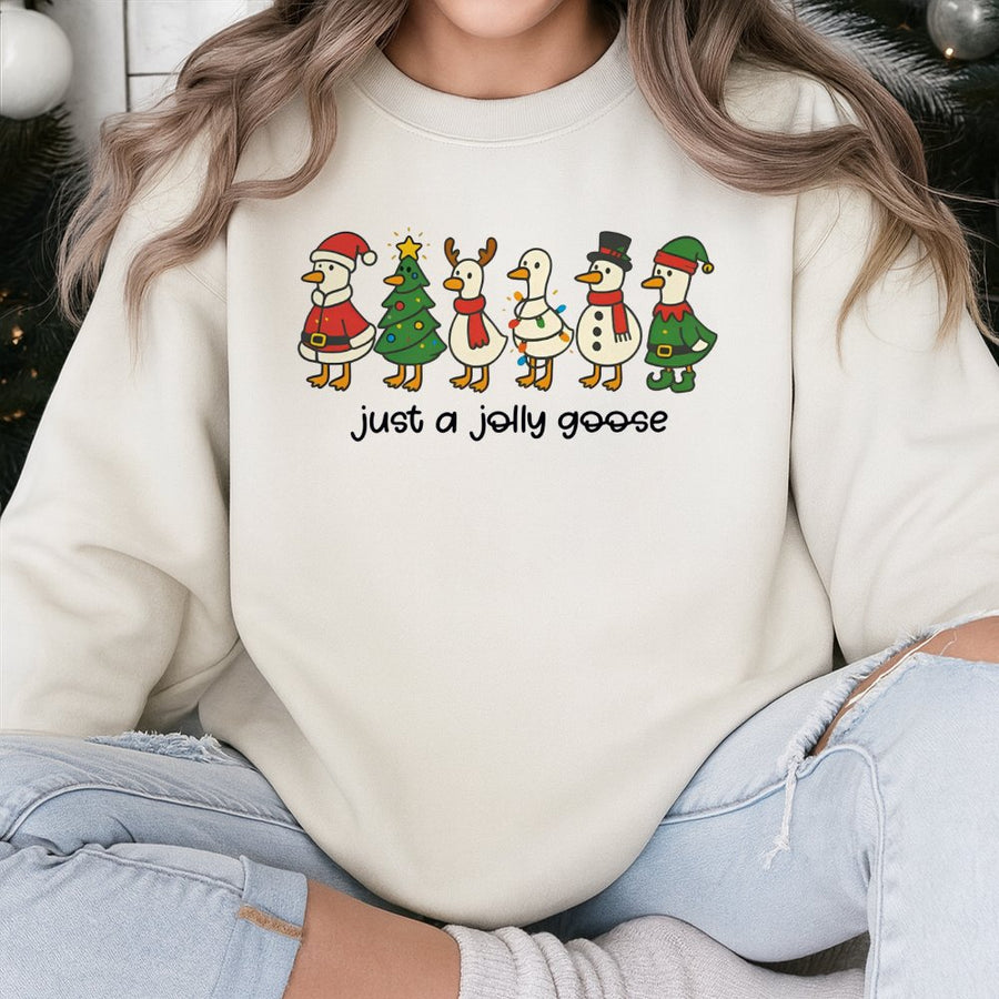 Jolly Goose Christmas Sweatshirt | Funny Silly Duck Holiday Graphic | Soft Cotton-Blend Unisex Crewneck | Cute Xmas Animal Lover Gift
