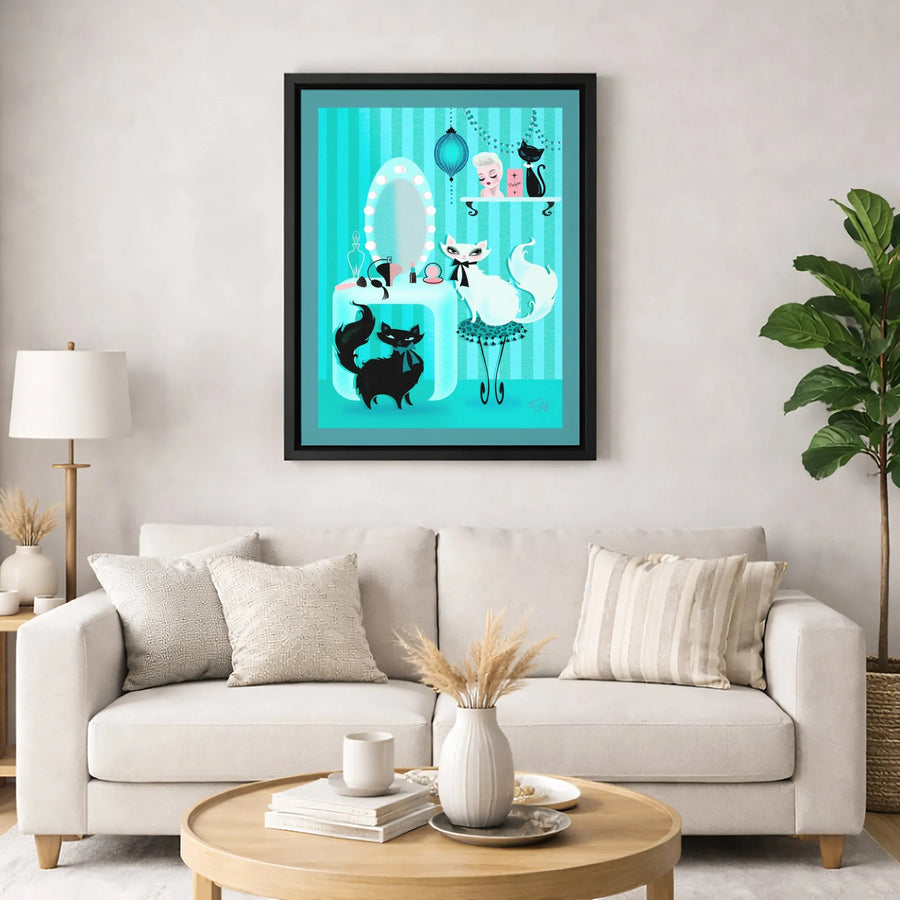 Mid Century Modern Cat Wall Art | Retro Vanity Kitties Print | Premium 1.25 Inch Gallery Canvas | Unique Gift For Cat Lovers