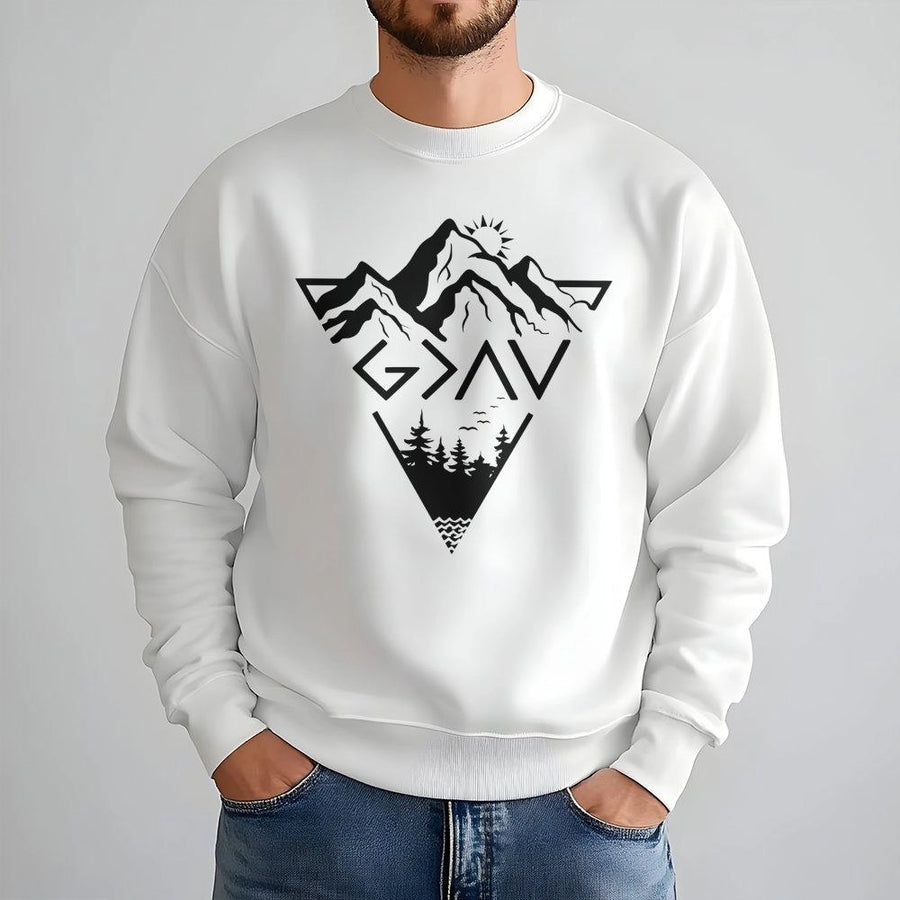 God Is Greater Than The Highs And Lows Sweatshirt | Faith Mountain Graphic Design | Soft Cotton-Poly Blend | Religious Christian Gift For Men Women