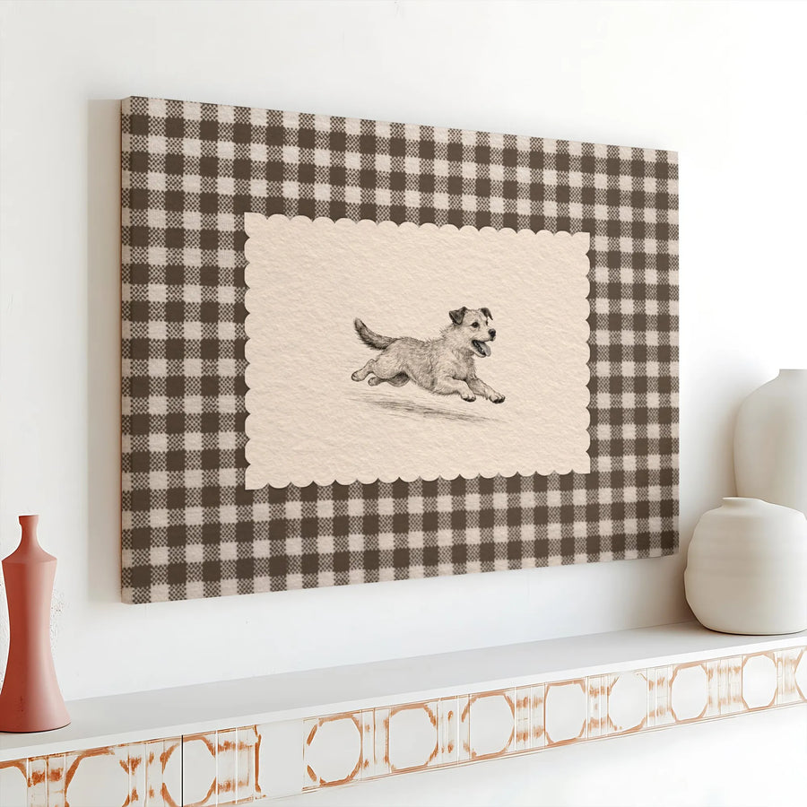 Farmhouse Dog Canvas Wall Art | Vintage Terrier Sketch with Gingham Pattern | Premium Gallery Wrapped Canvas | Gift for Dog Lover & Country Home Decor