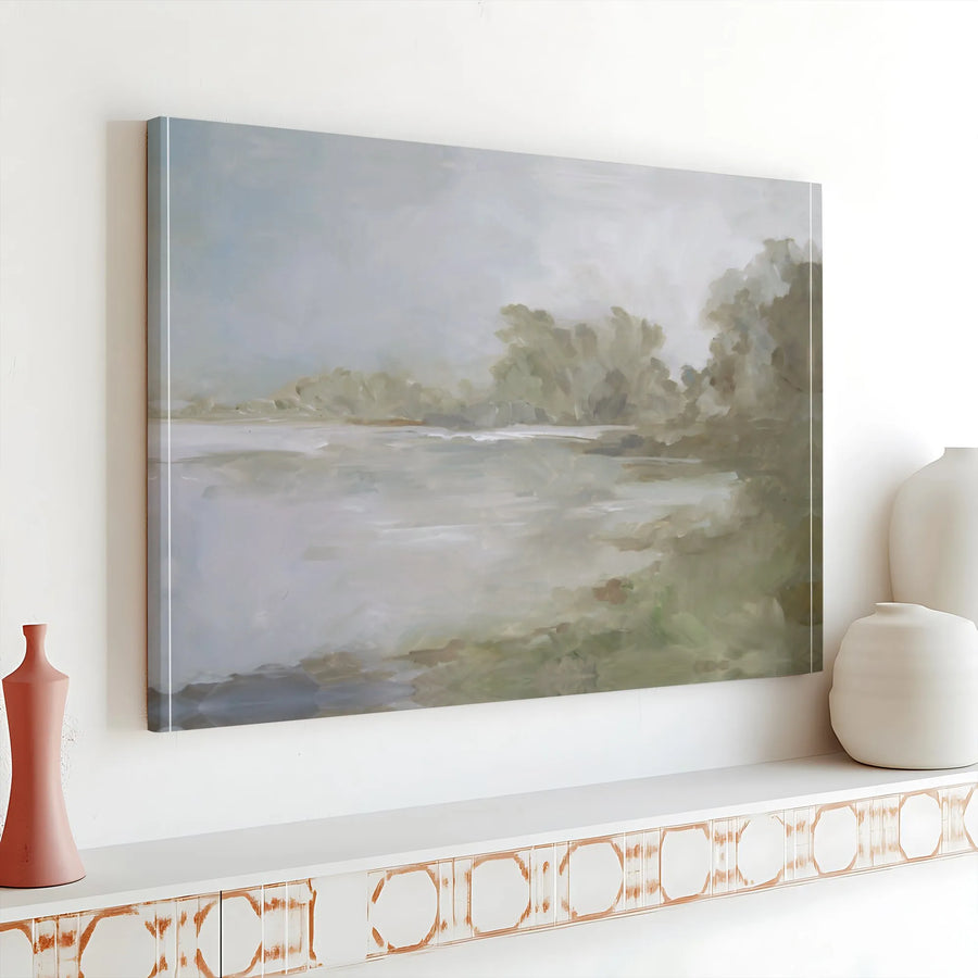 Abstract Landscape Canvas Wall Art | Serene Riverside Painting Print | Premium 1.25" Thick Gallery Wrap | Modern Home Decor Gift