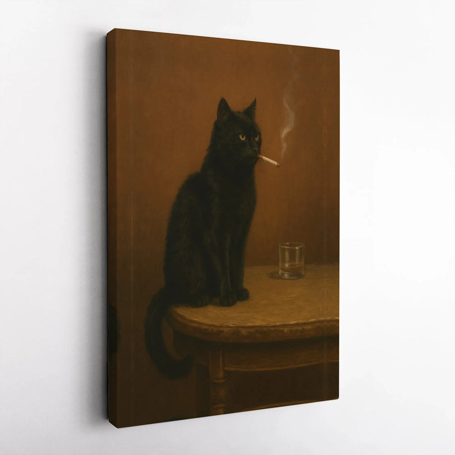 Black Cat Smoking Canvas Wall Art | Whimsical Moody Oil Painting Style | Premium Fade-Resistant Gallery Print | Unique Gift for Cat Lovers