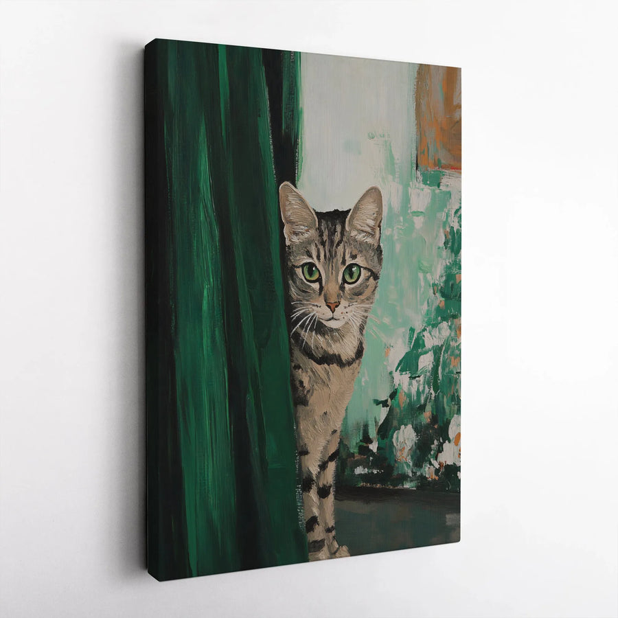 Tabby Cat Wall Art | Whimsical Peeking Kitten Painting | Premium Gallery Wrap Canvas | Animal Lover Home Decor Gift