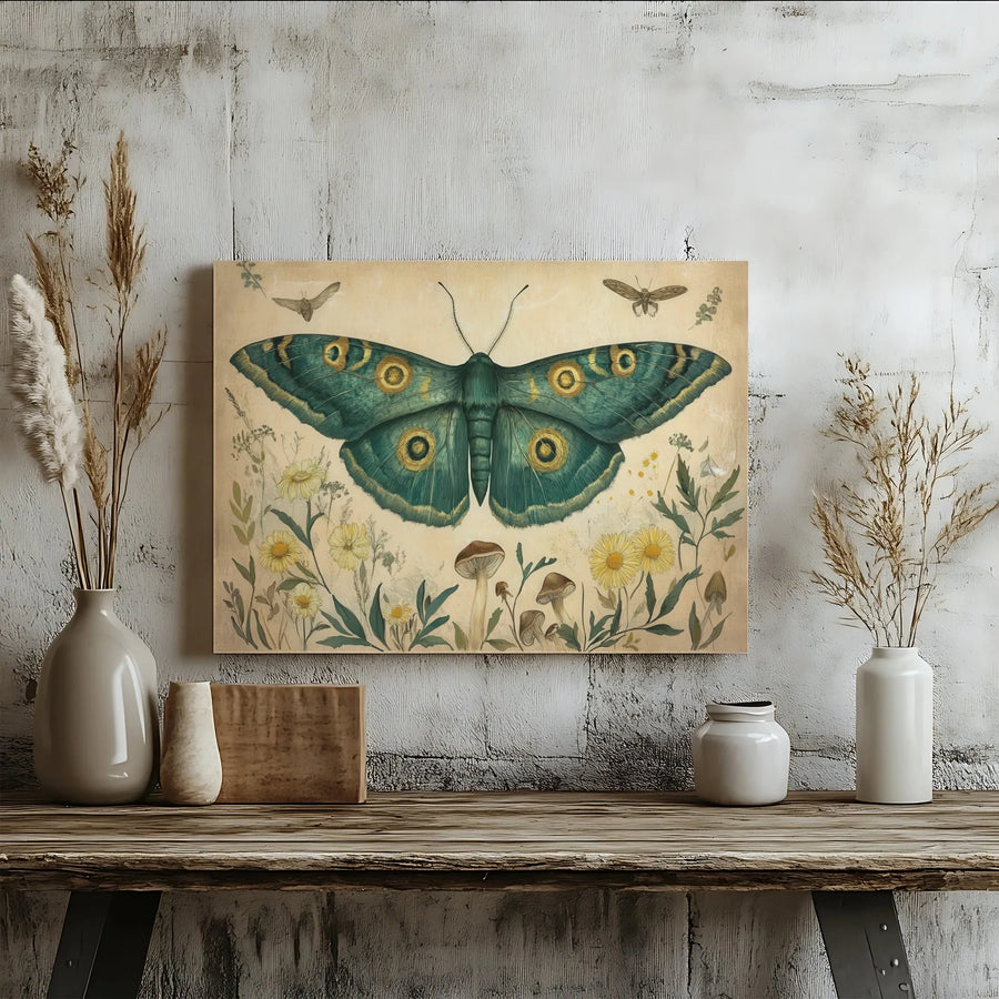 Emperor Moth Canvas Wall Art | Vintage Botanical Mushroom Illustration | Premium Gallery Wrapped Print | Nature Lover Home Decor Gift