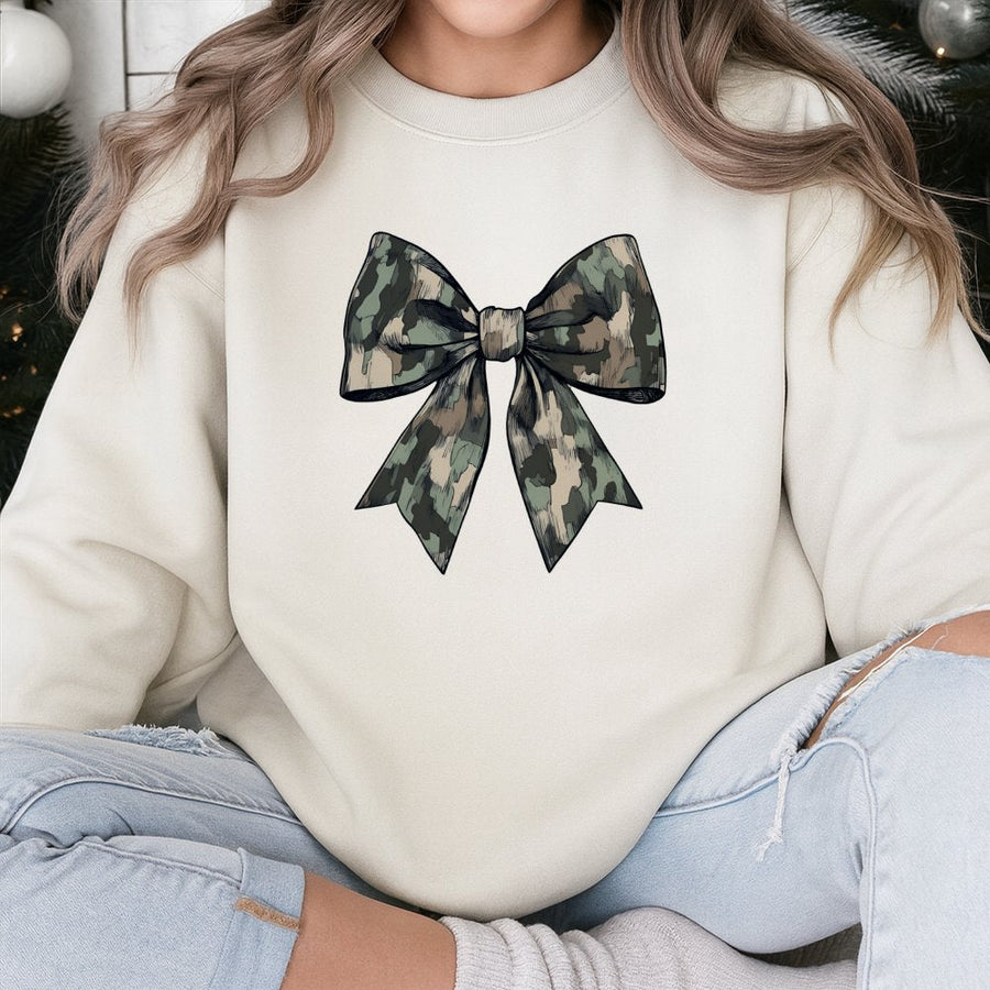 Camo Bow Sweatshirt | Trendy Camouflage Graphic Print | Cotton Blend Soft Crewneck | Cute Fall Hunting Aesthetic Gift For Her