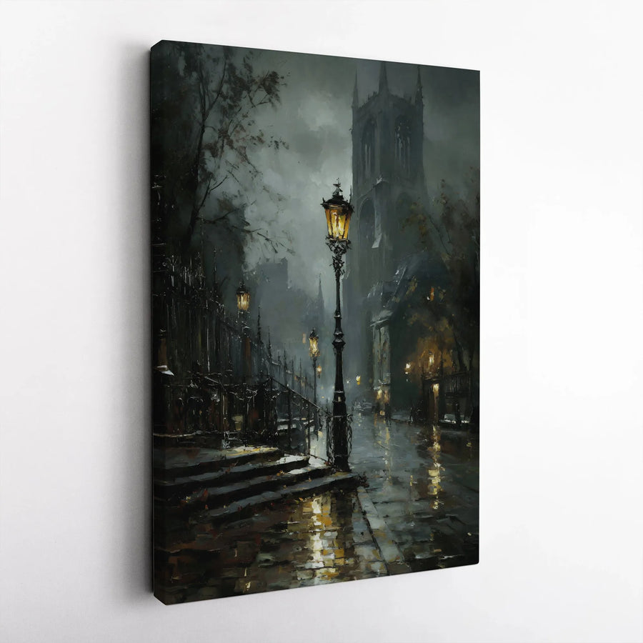 Gothic Cityscape Canvas Wall Art | Moody Rainy Street Painting | Premium Thick Gallery Wrap | Dark Academia & Victorian Home Decor Gift