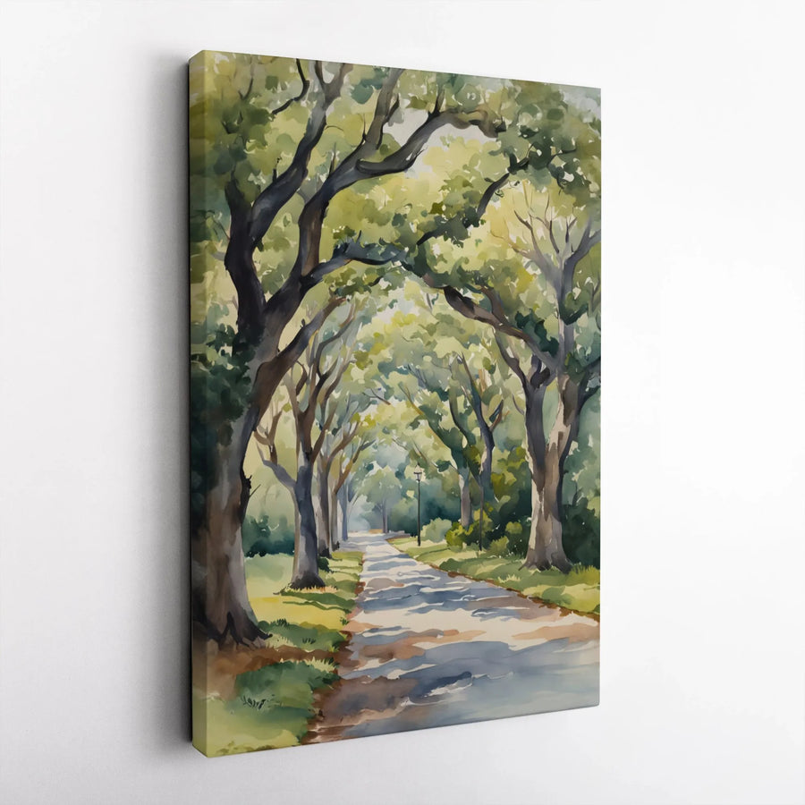 Tree Lined Avenue Canvas Art | Sun Dappled Watercolor Landscape | Premium 1.25 Inch Gallery Wrap | Peaceful Nature Wall Decor for Living Room