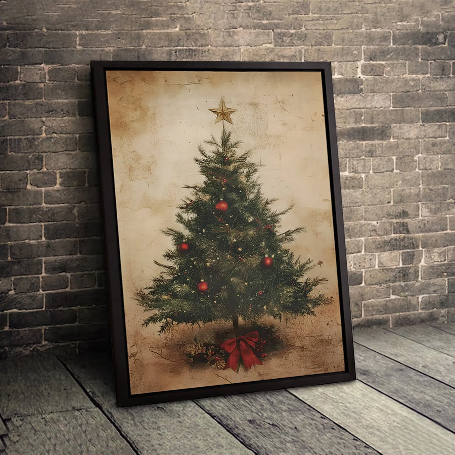 Vintage Christmas Tree Canvas Print | Rustic Holiday Wall Art with Red Ornaments | Premium Fade-Resistant Gallery Wrap | Festive Home Decor Gift