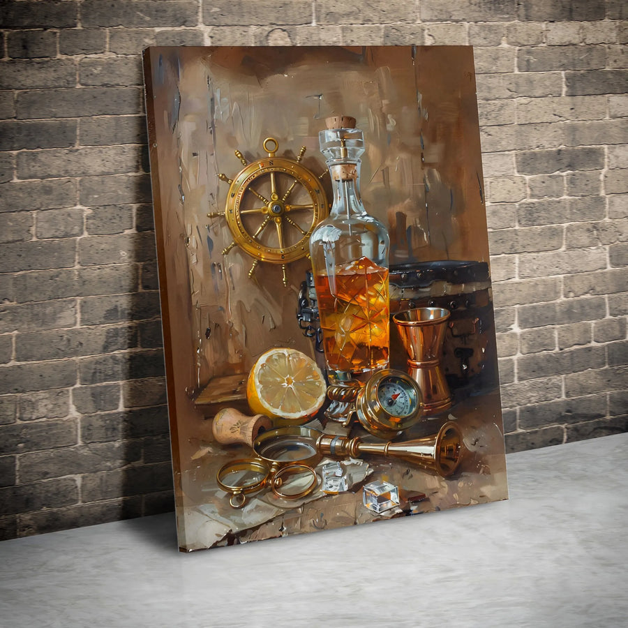 Nautical Whiskey Wall Art | Vintage Ship Wheel and Compass Still Life | Premium Gallery Wrap Canvas | Home Bar Decor Gift for Men
