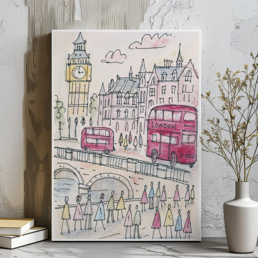 London Canvas Wall Art | Big Ben & Red Bus Watercolor Sketch | 1.25” Gallery Wrap | Travel Gift for Travel Lovers