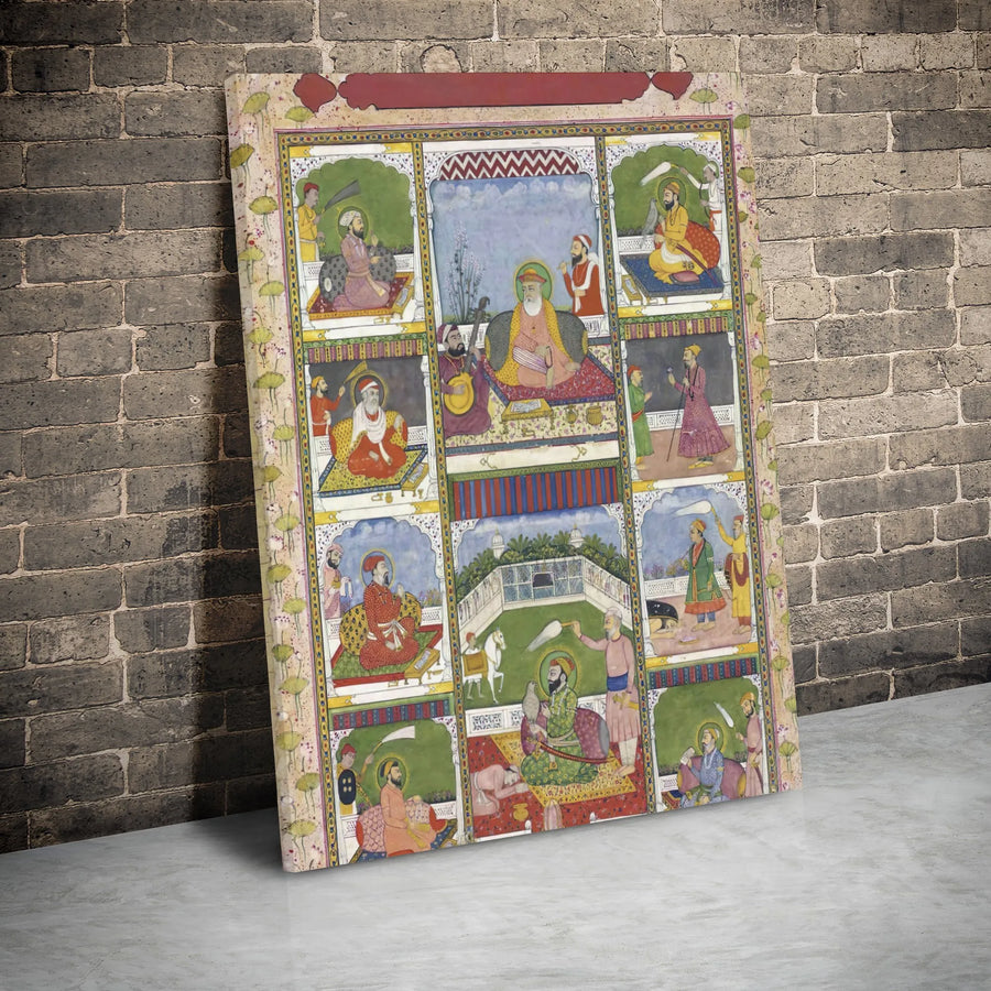 Ten Sikh Gurus Canvas Print | Traditional Indian Miniature Painting | Premium Gallery Wrapped Wall Art | Religious Home Decor Gift for Devotees