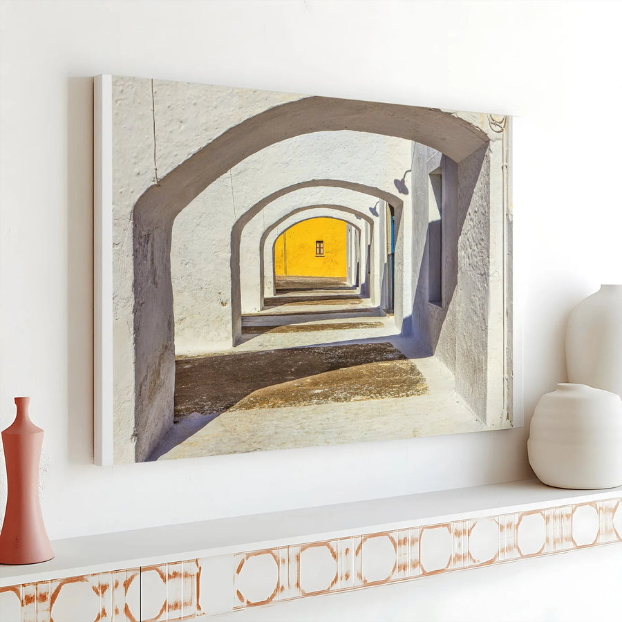 Mediterranean Archway Canvas Print | Sunlit Architectural Tunnel View | Premium Gallery Wrapped Art | Living Room Wall Decor Gift