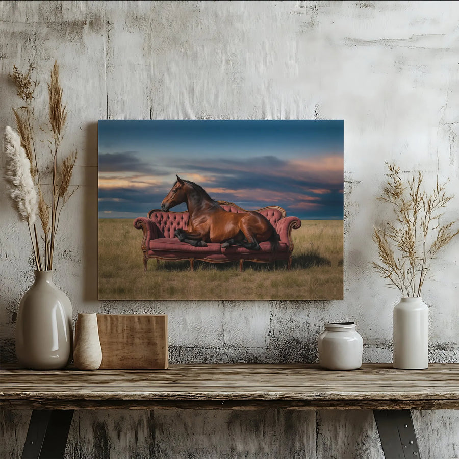 Surreal Horse On Vintage Sofa Canvas Wall Art | Whimsical Equine Nature Print | Premium Gallery Wrap Canvas | Unique Home Decor Gift