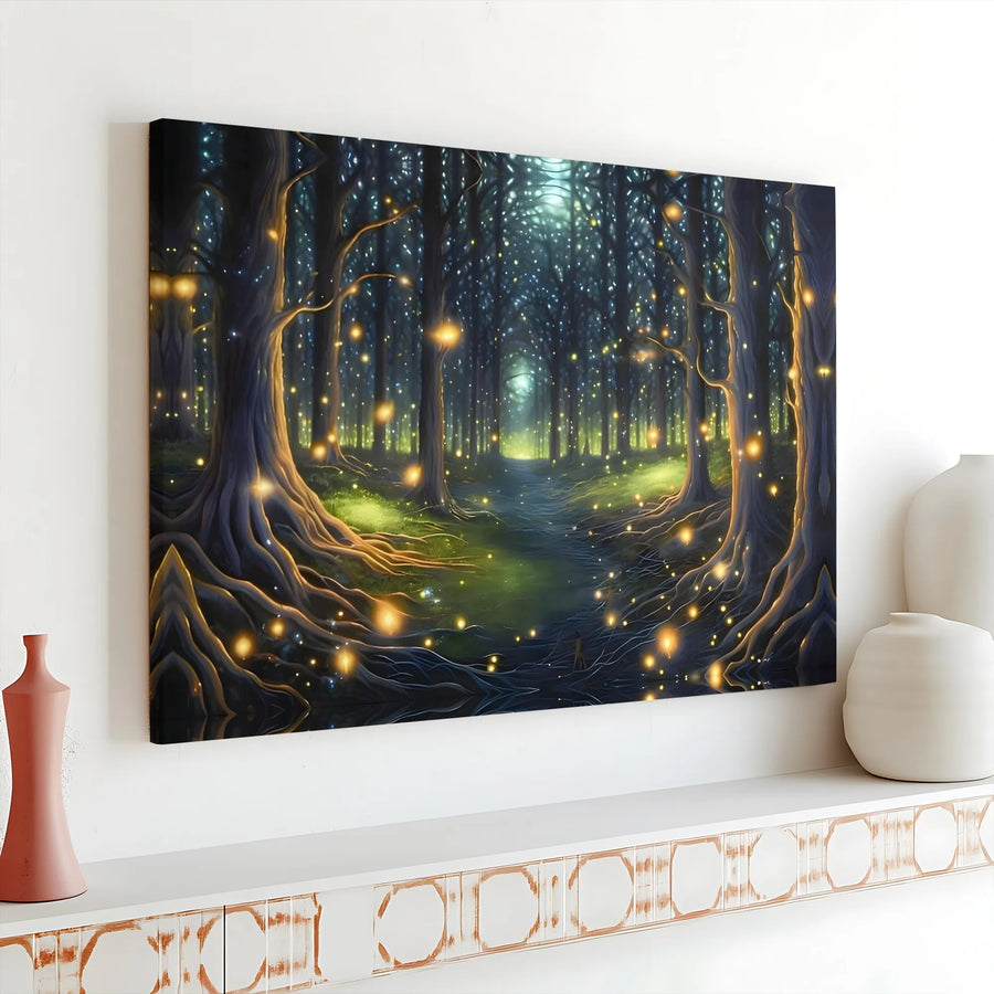 Enchanted Forest Canvas Wall Art | Magical Glowing Firefly Landscape | Premium Gallery-Wrapped Print | Whimsical Nature Decor For Home
