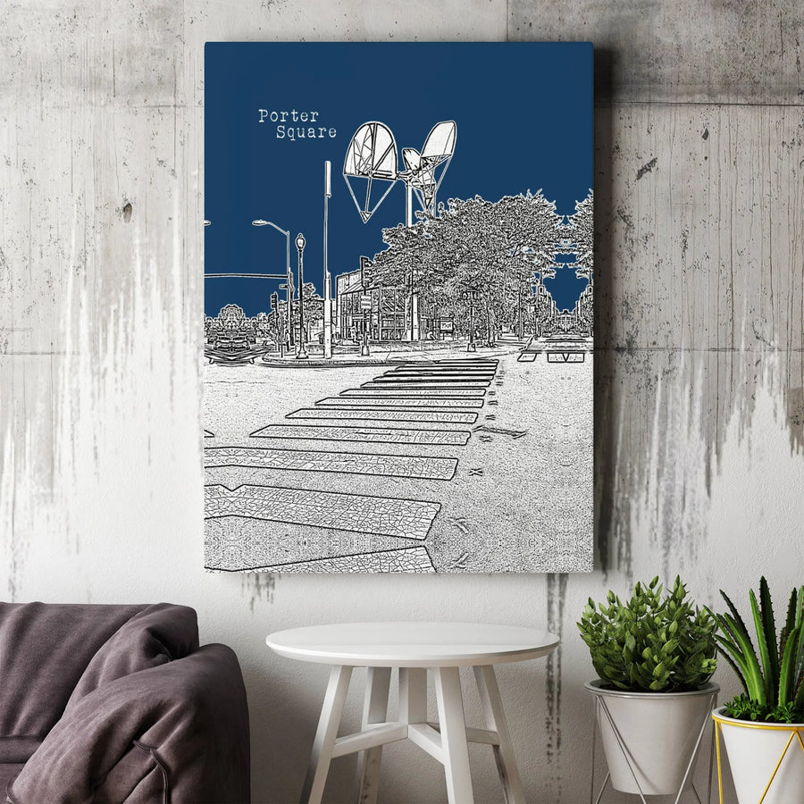 Porter Square Canvas Art | Cambridge MA Landmark Illustration | Gallery-Quality 1.25-Inch Profile | Boston Home Decor Gift for Residents